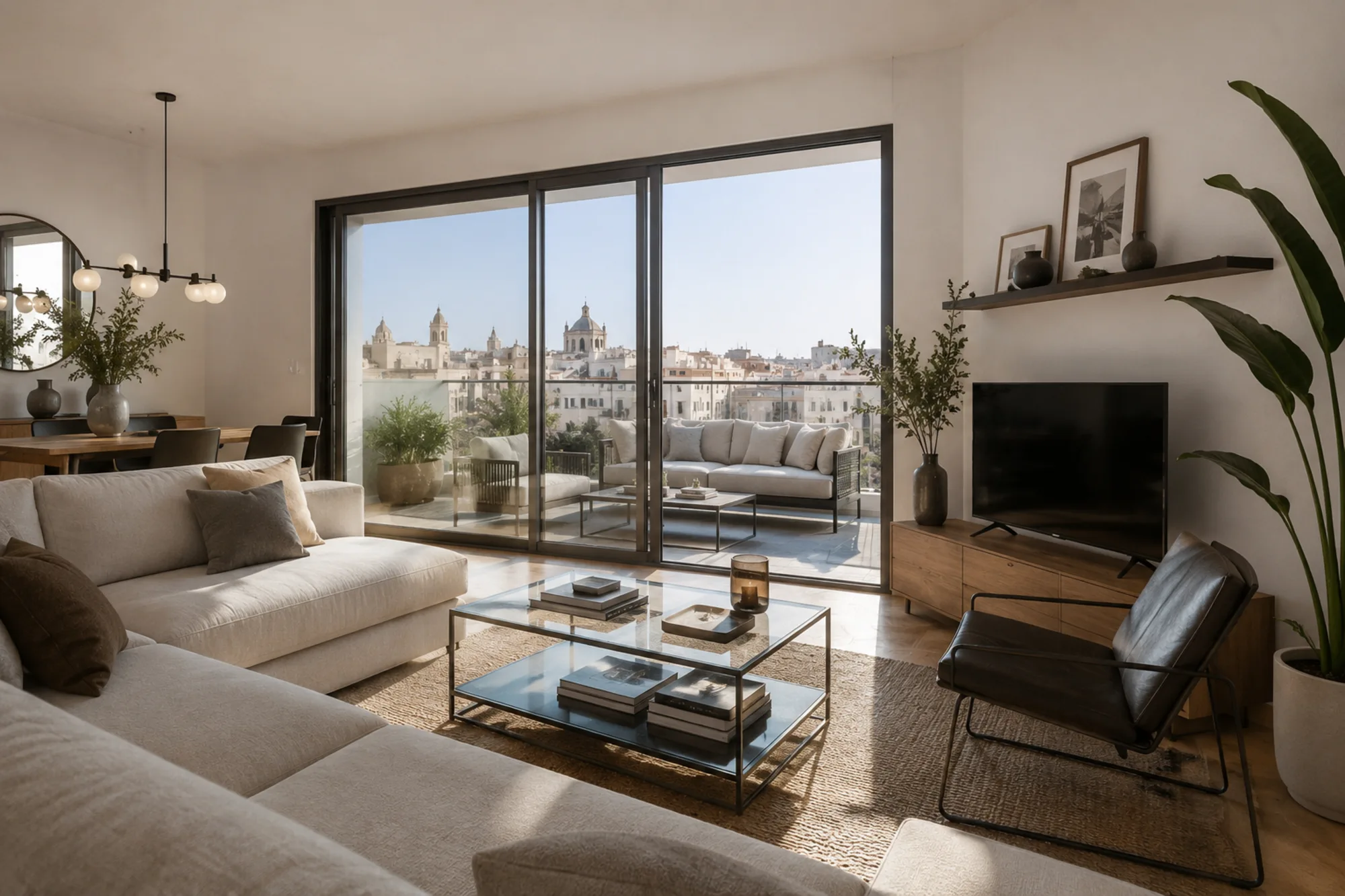 Interior de vivienda elegante con vistas a la ciudad