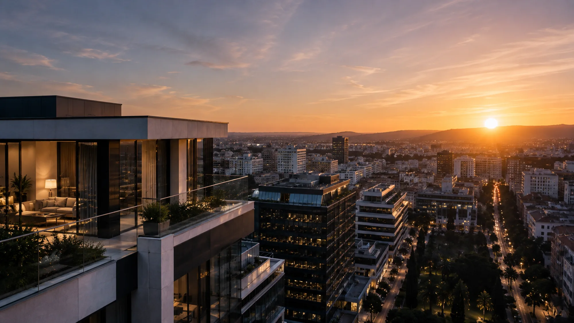 Vivienda premium con vistas a la ciudad al atardecer